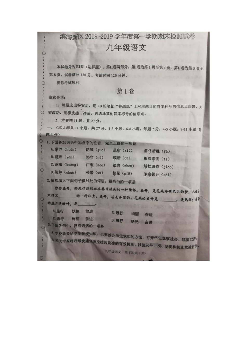 滨海新区2018-2019上学期期末初三语文试题.pdf_第1页