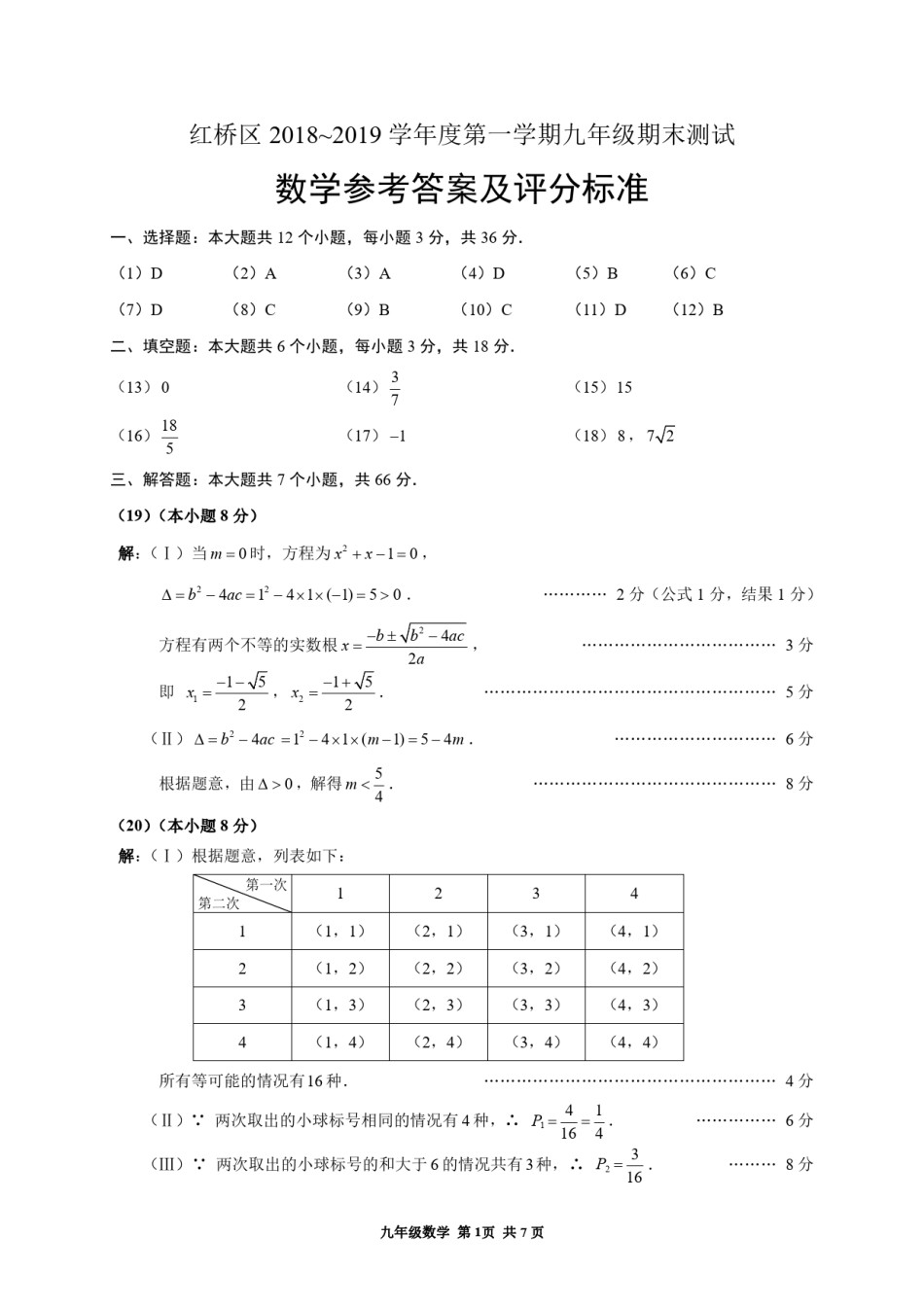 红桥区2018-2019上学期期末初三数学答案.pdf_第1页