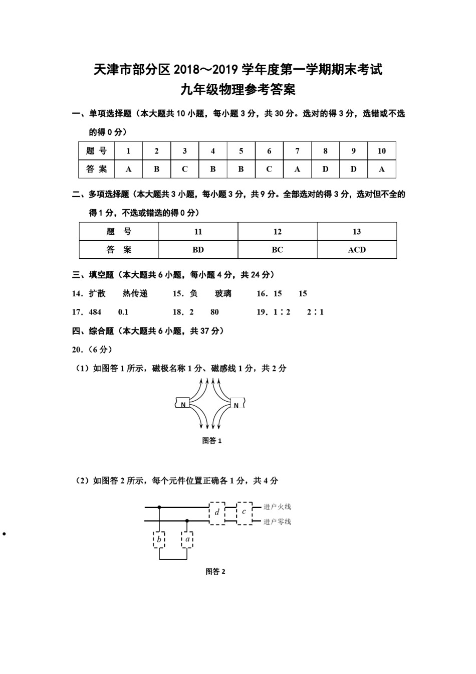 部分区(五区联考)2018-2019上学期期末初三物理答案.pdf_第1页