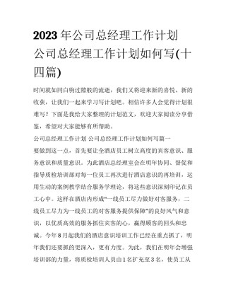 2023年公司总经理工作计划 公司总经理工作计划如何写(十四篇)