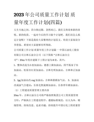 2023年公司质量工作计划 质量年度工作计划(四篇)