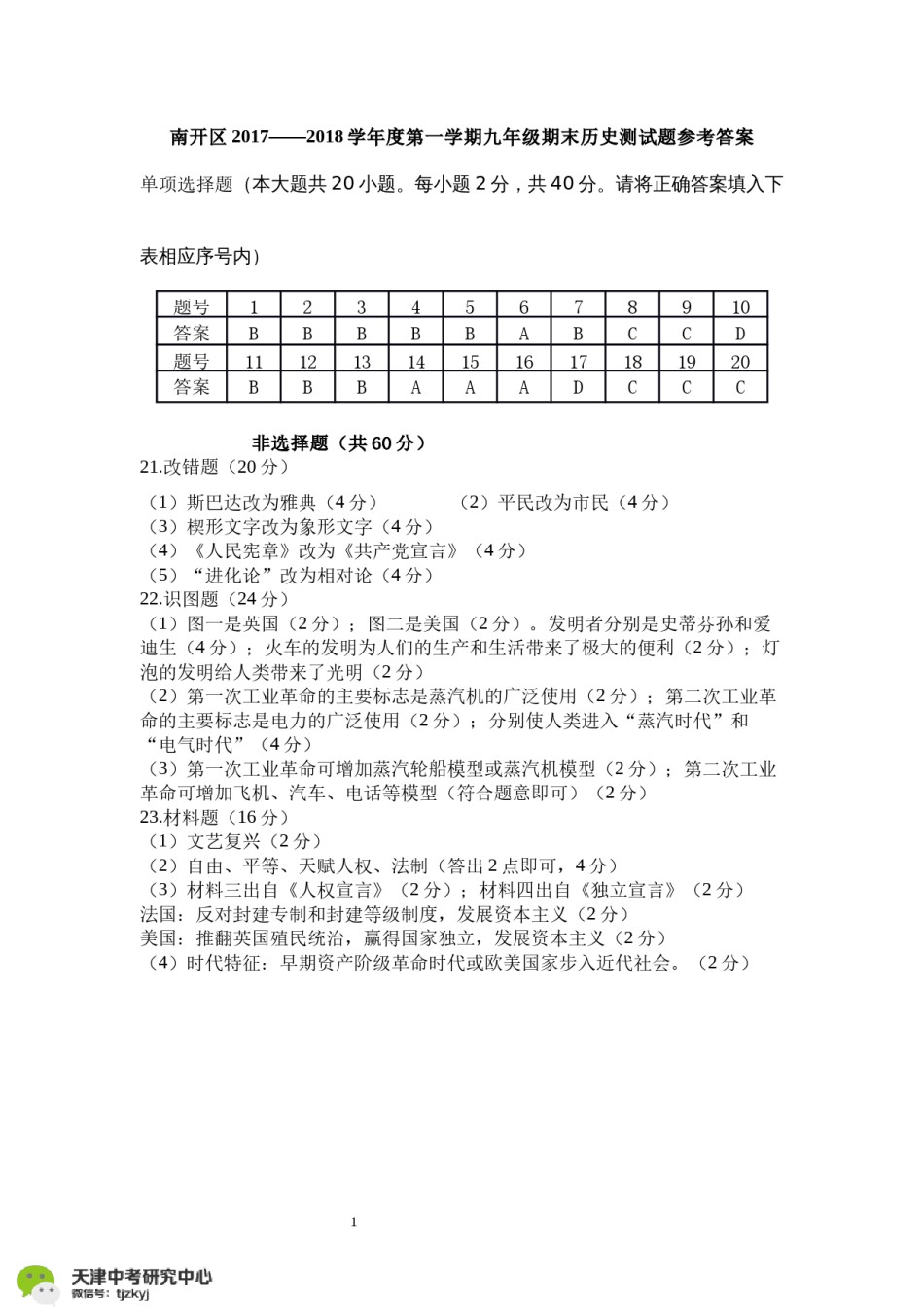 南开区2017-2018上学期期末初三历史答案.pdf_第1页