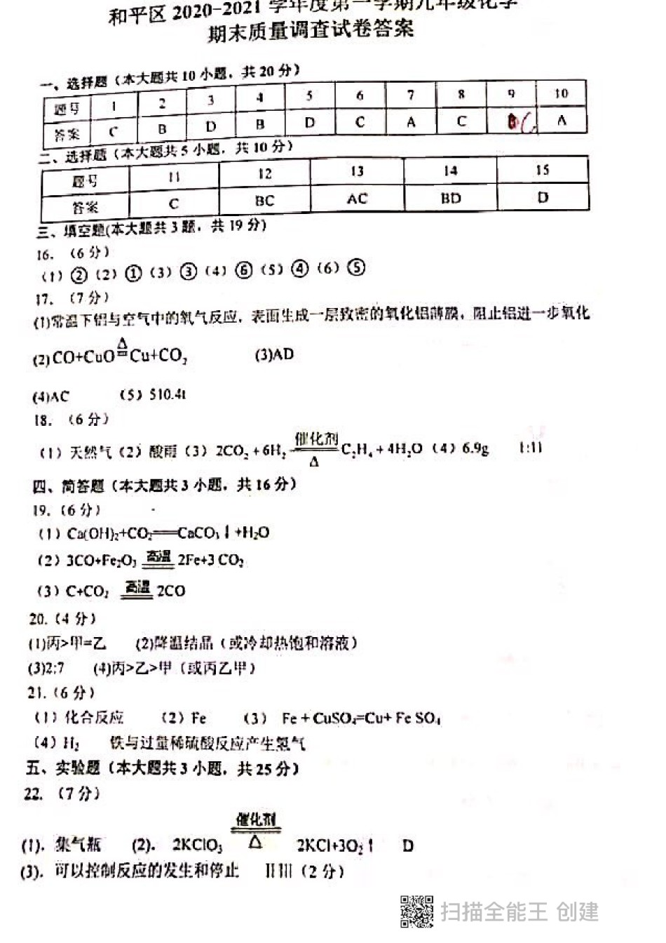 2021年和平区初三期末考试化学答案.pdf_第1页