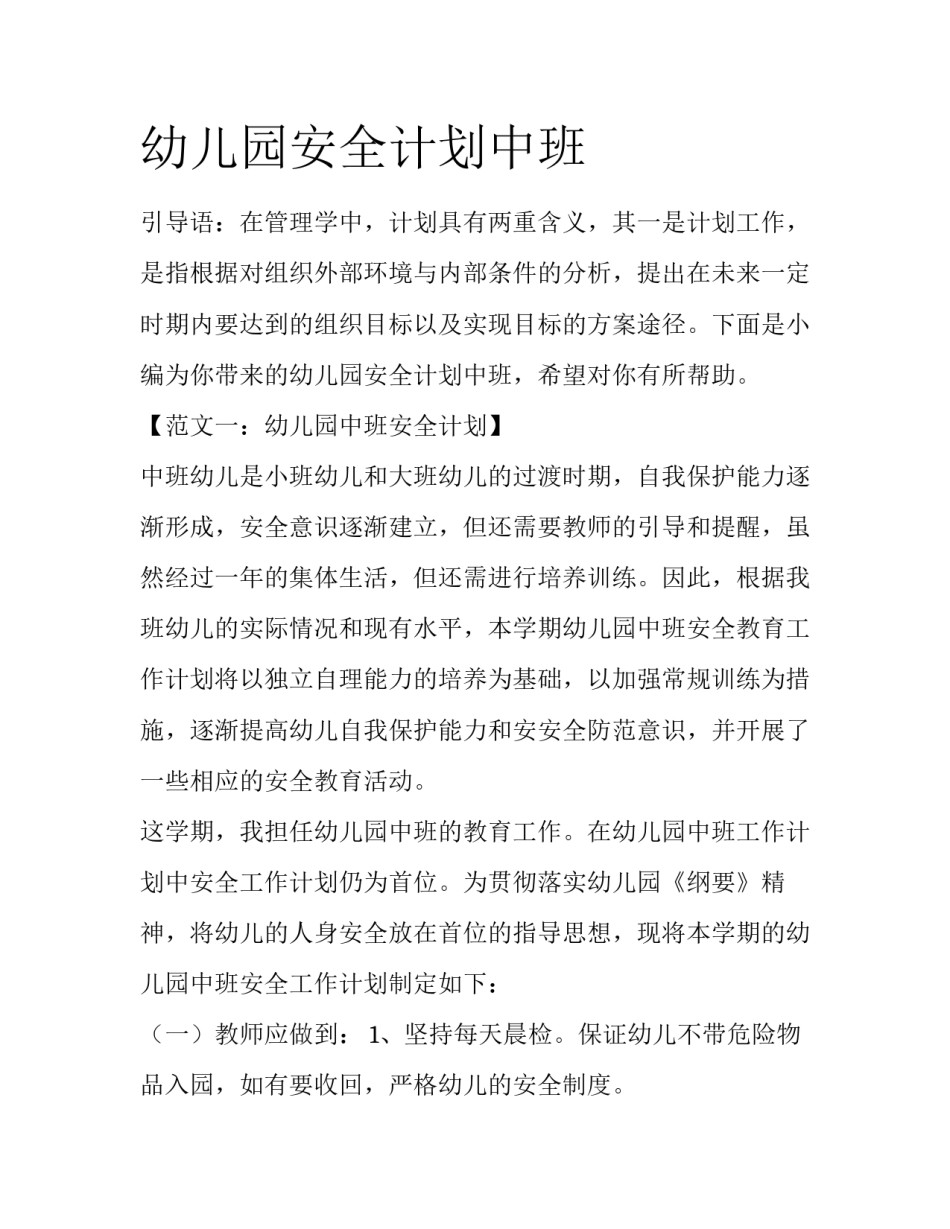 幼儿园安全计划中班_第1页
