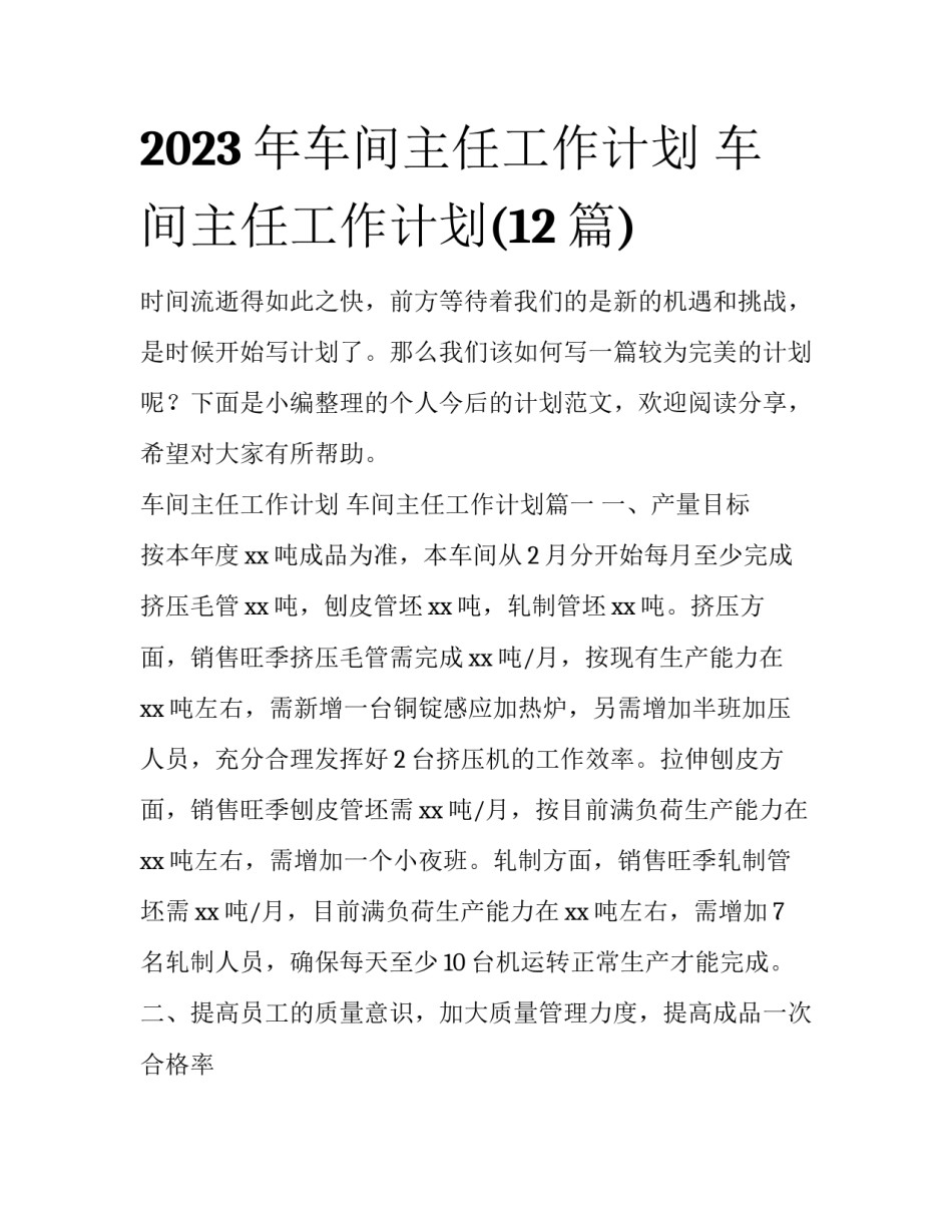 2023年车间主任工作计划 车间主任工作计划(12篇)_第1页