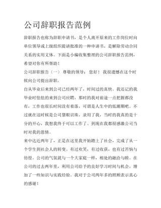 公司辞职报告范例