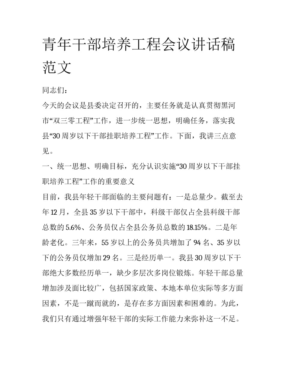 青年干部培养工程会议讲话稿范文_第1页