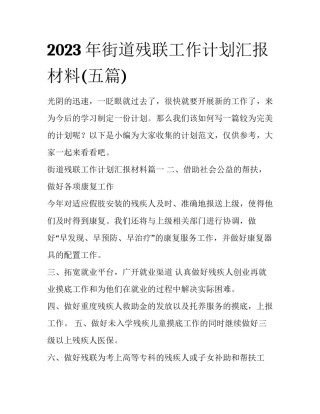 2023年街道残联工作计划汇报材料(五篇)