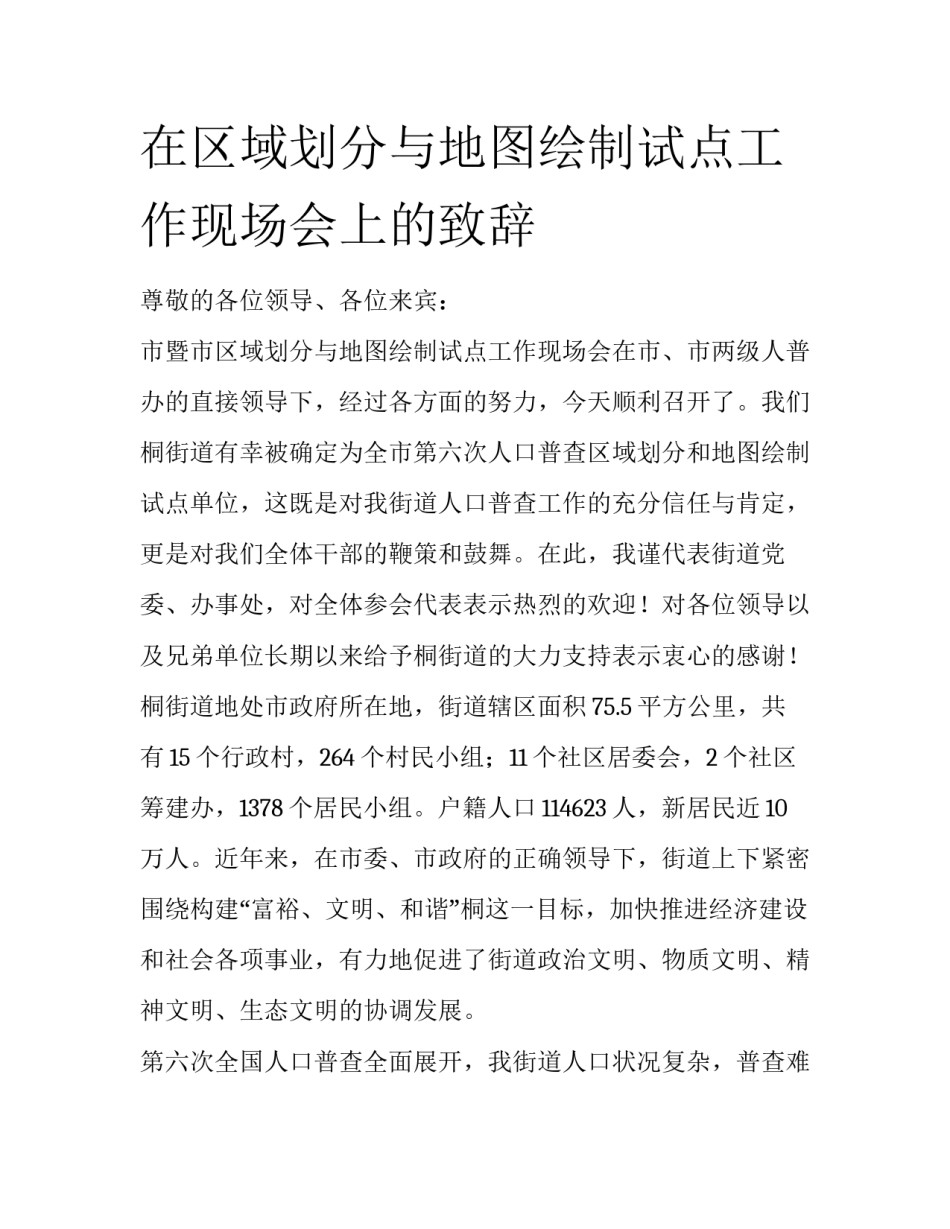 在区域划分与地图绘制试点工作现场会上的致辞_第1页