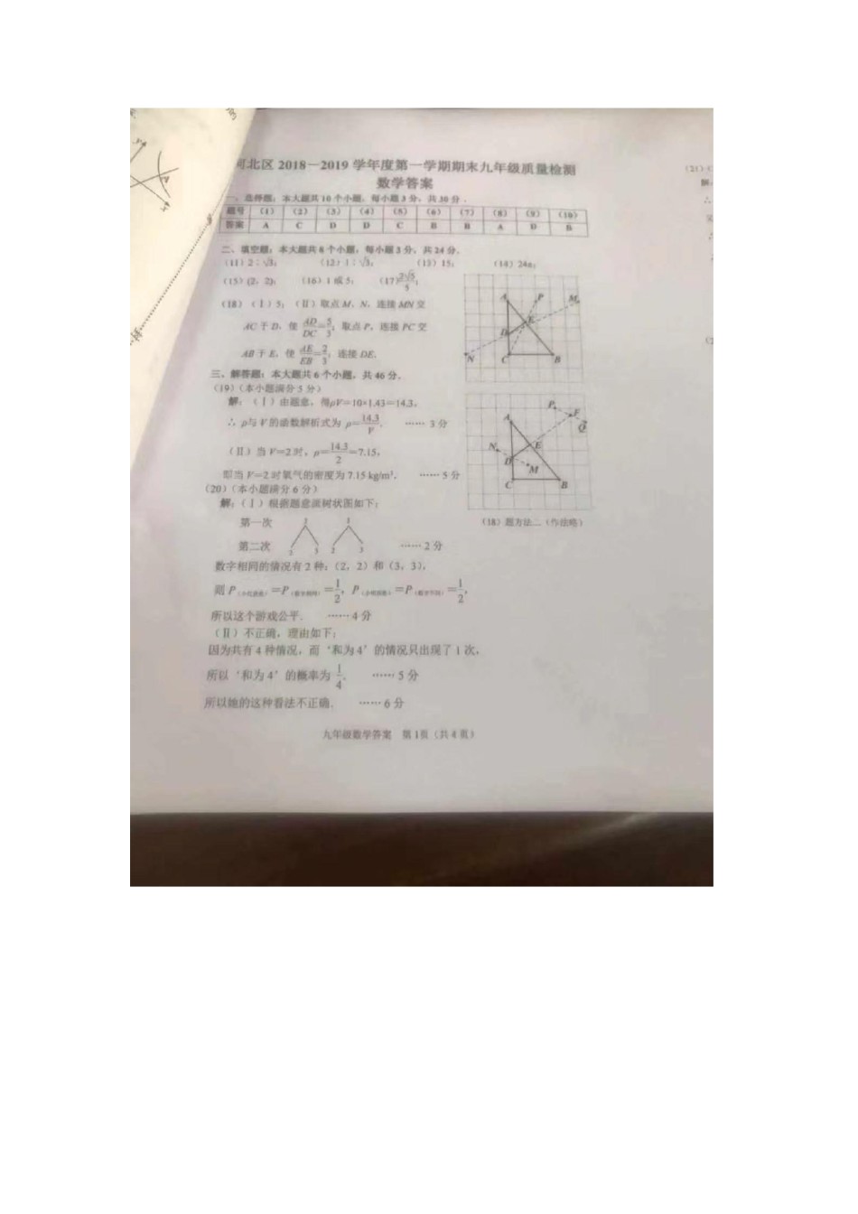 河北区2018-2019上学期期末初三数学答案.pdf_第1页