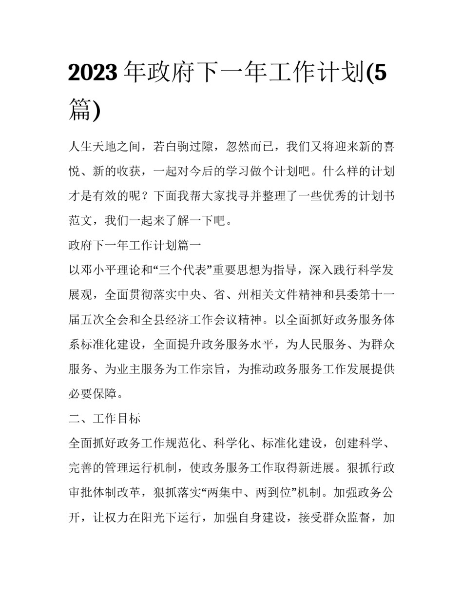2023年政府下一年工作计划(5篇)_第1页
