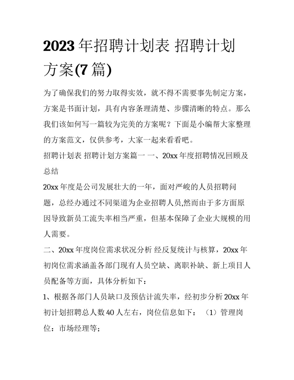 2023年招聘计划表 招聘计划方案(7篇)_第1页