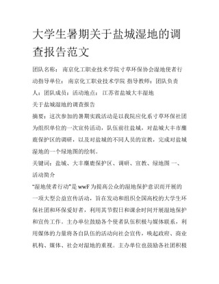 大学生暑期关于盐城湿地的调查报告范文