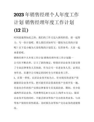 2023年销售经理个人年度工作计划 销售经理年度工作计划(12篇)