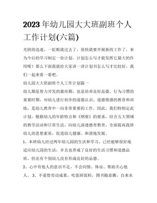2023年幼儿园大大班副班个人工作计划(六篇)