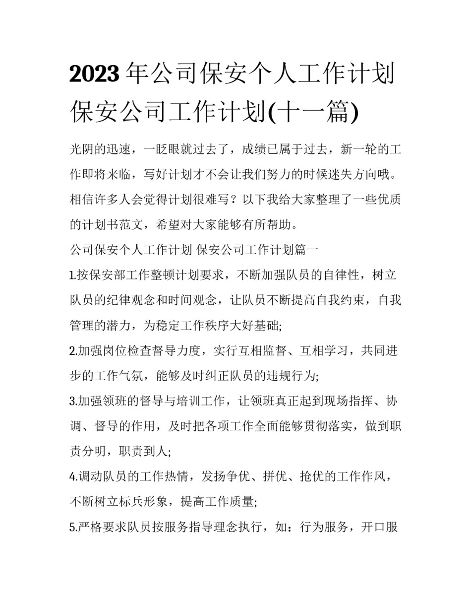 2023年公司保安个人工作计划 保安公司工作计划(十一篇)_第1页