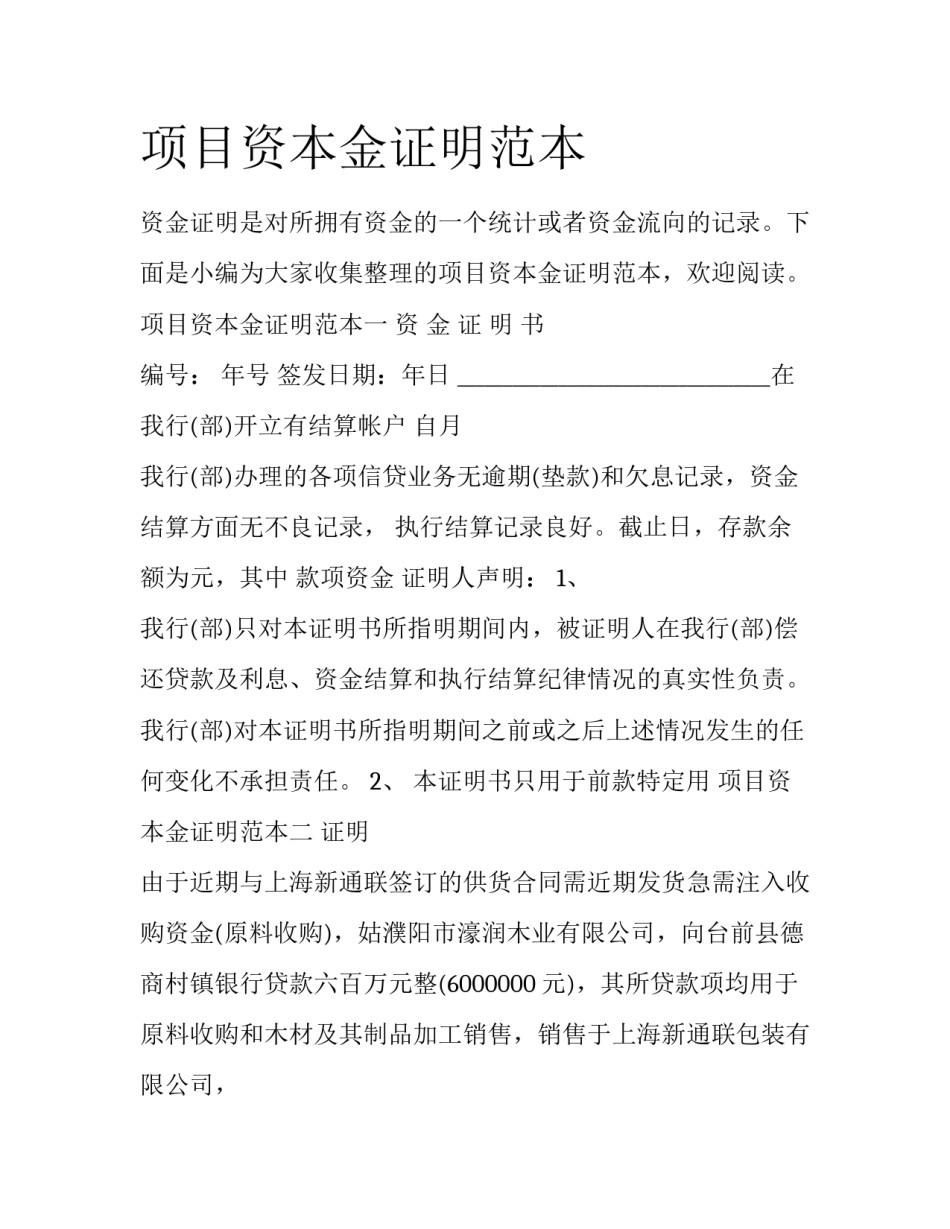 项目资本金证明范本_第1页
