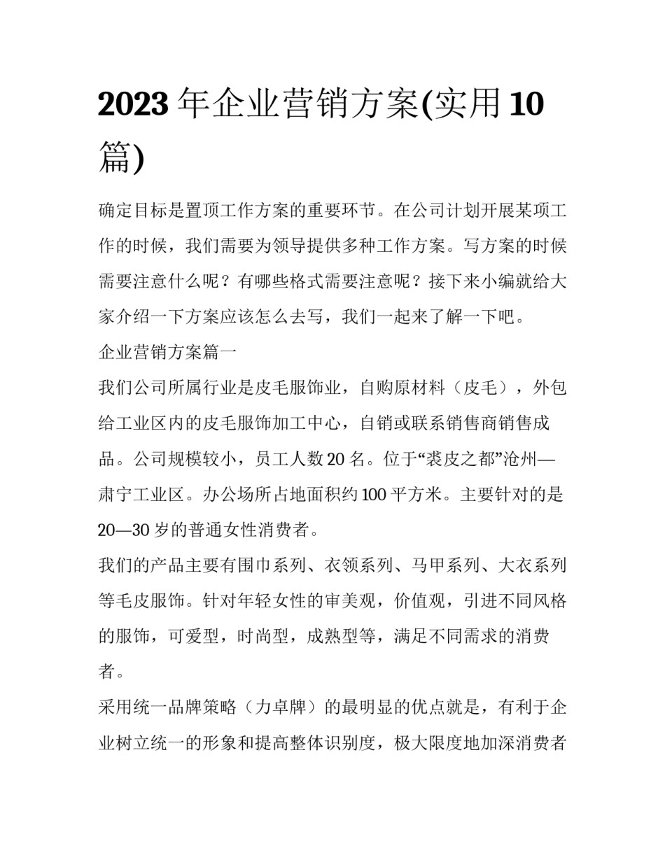 2023年企业营销方案(实用10篇)_第1页
