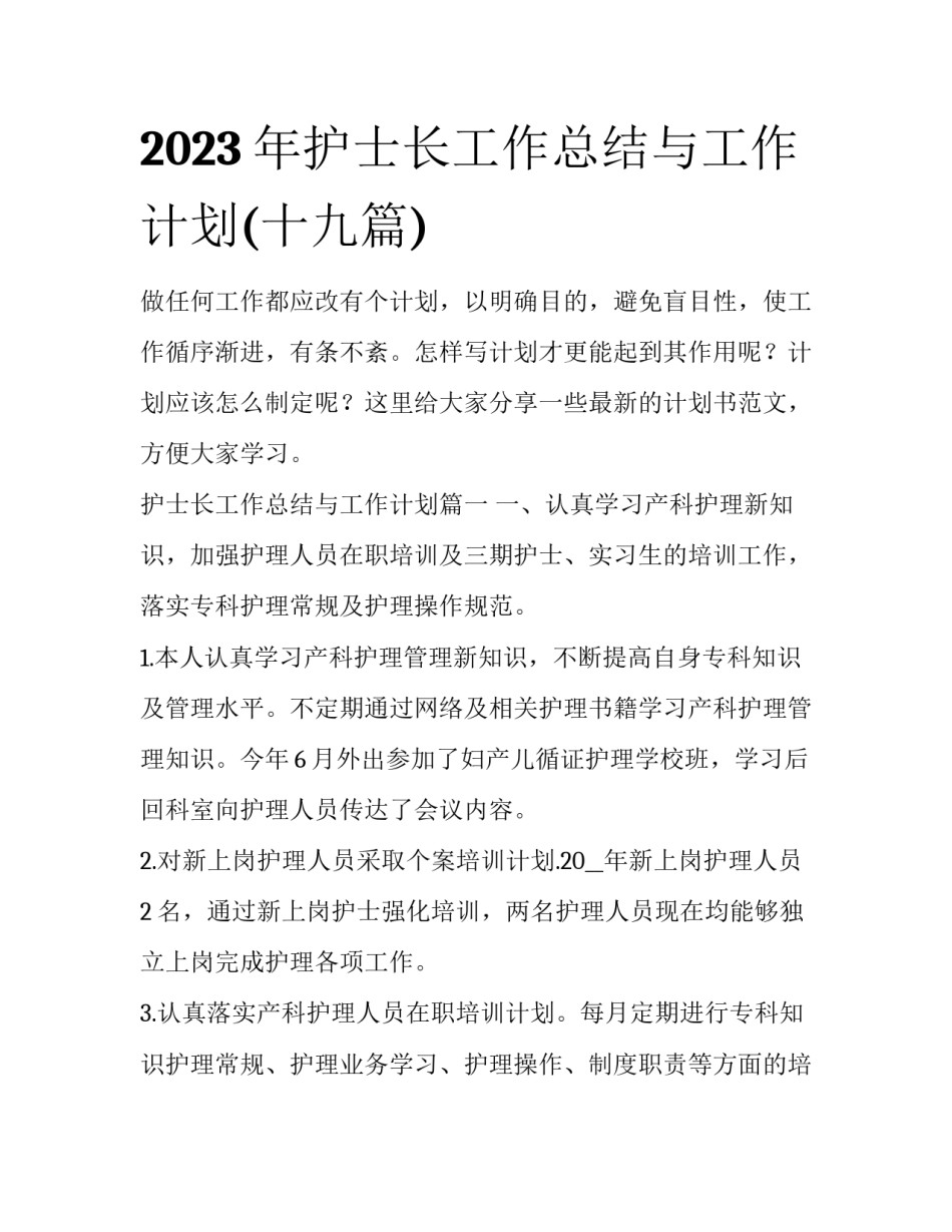 2023年护士长工作总结与工作计划(十九篇)_第1页