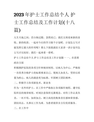 2023年护士工作总结个人 护士工作总结及工作计划(十八篇)