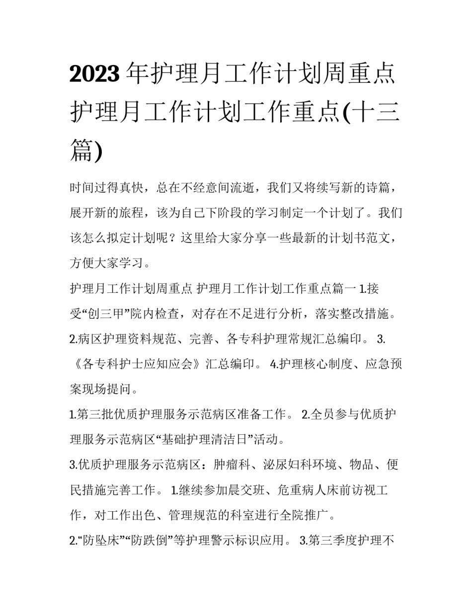 2023年护理月工作计划周重点 护理月工作计划工作重点(十三篇)_第1页
