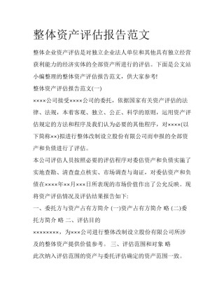 整体资产评估报告范文