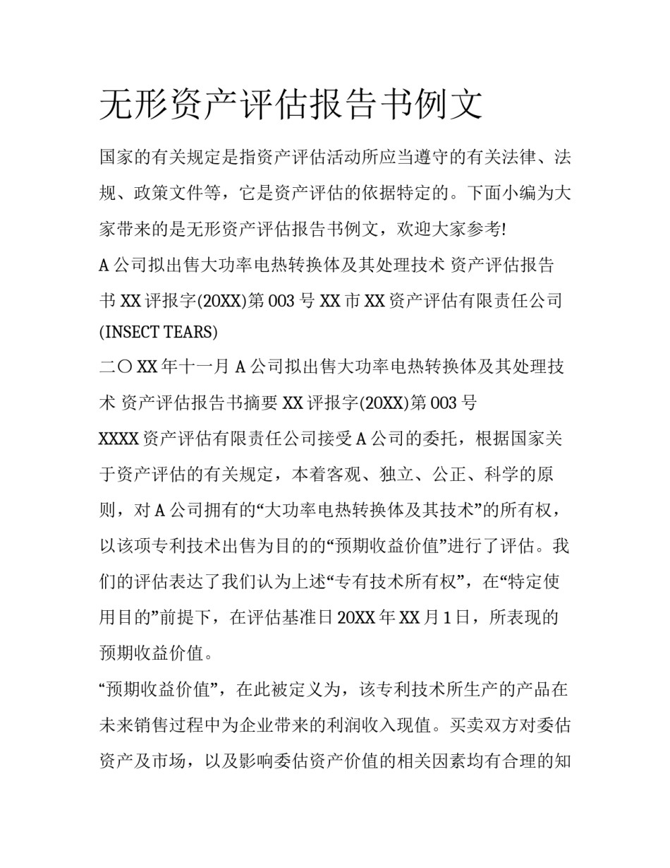 无形资产评估报告书例文_第1页