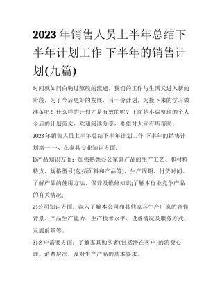 2023年销售人员上半年总结下半年计划工作 下半年的销售计划(九篇)