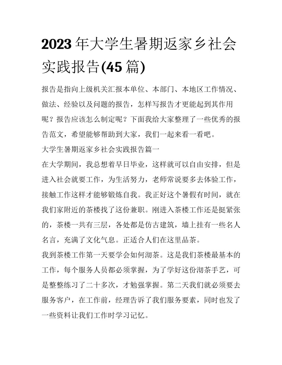 2023年大学生暑期返家乡社会实践报告(45篇)_第1页