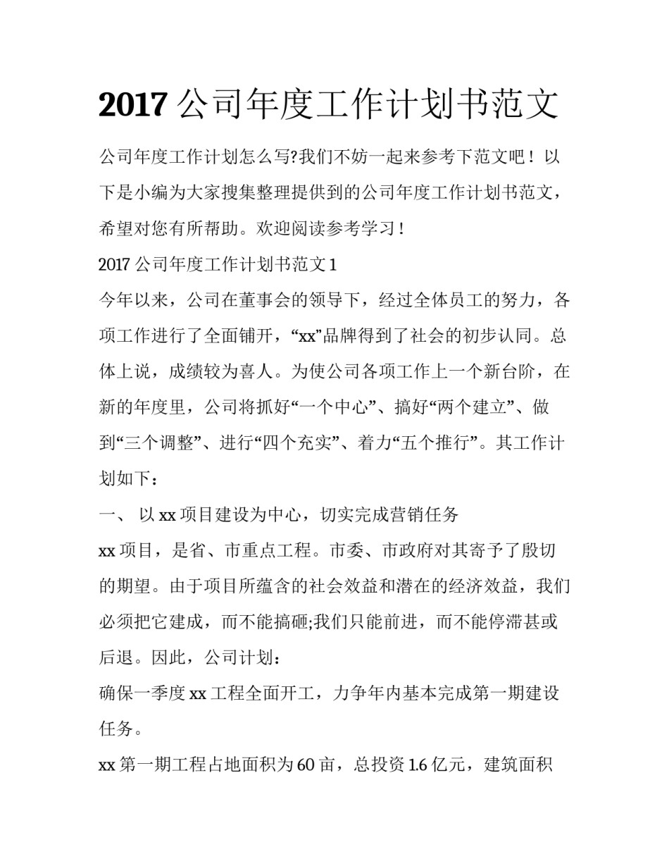 2017公司年度工作计划书范文_第1页