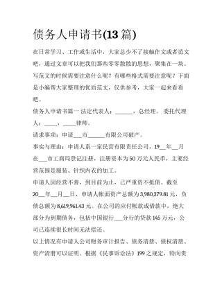 债务人申请书(13篇)