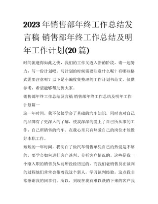 2023年销售部年终工作总结发言稿 销售部年终工作总结及明年工作计划(20篇)