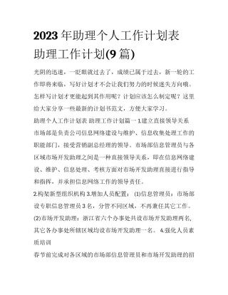 2023年助理个人工作计划表 助理工作计划(9篇)