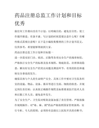 药品注册总监工作计划和目标优秀