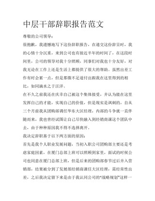 中层干部辞职报告范文