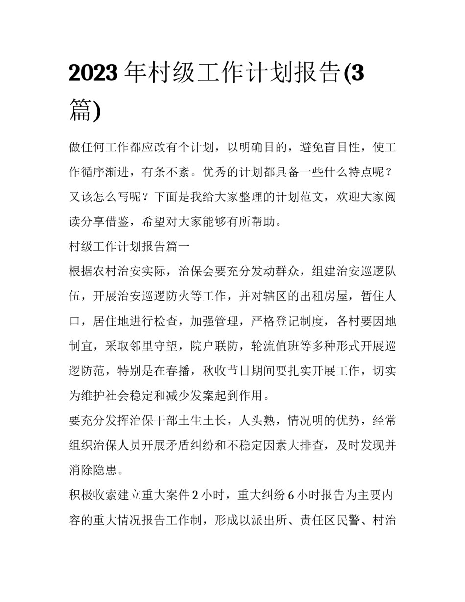 2023年村级工作计划报告(3篇)_第1页