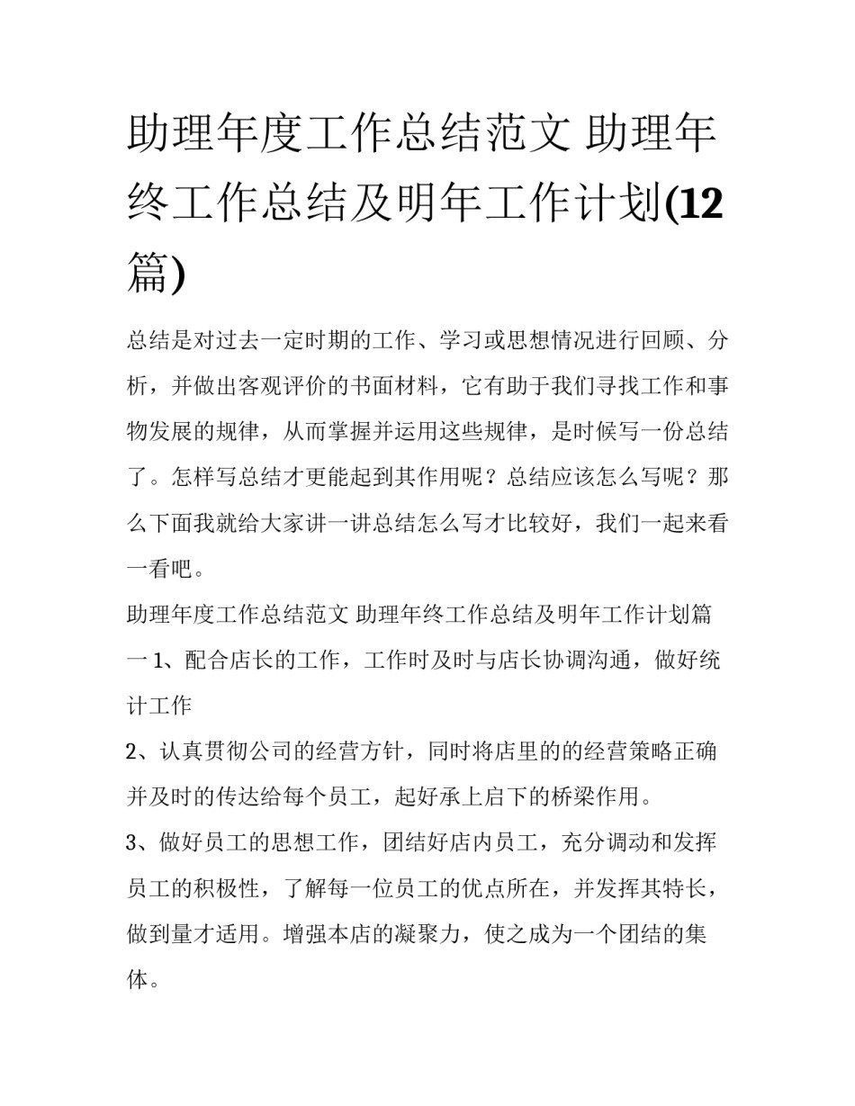 助理年度工作总结范文 助理年终工作总结及明年工作计划(12篇)_第1页