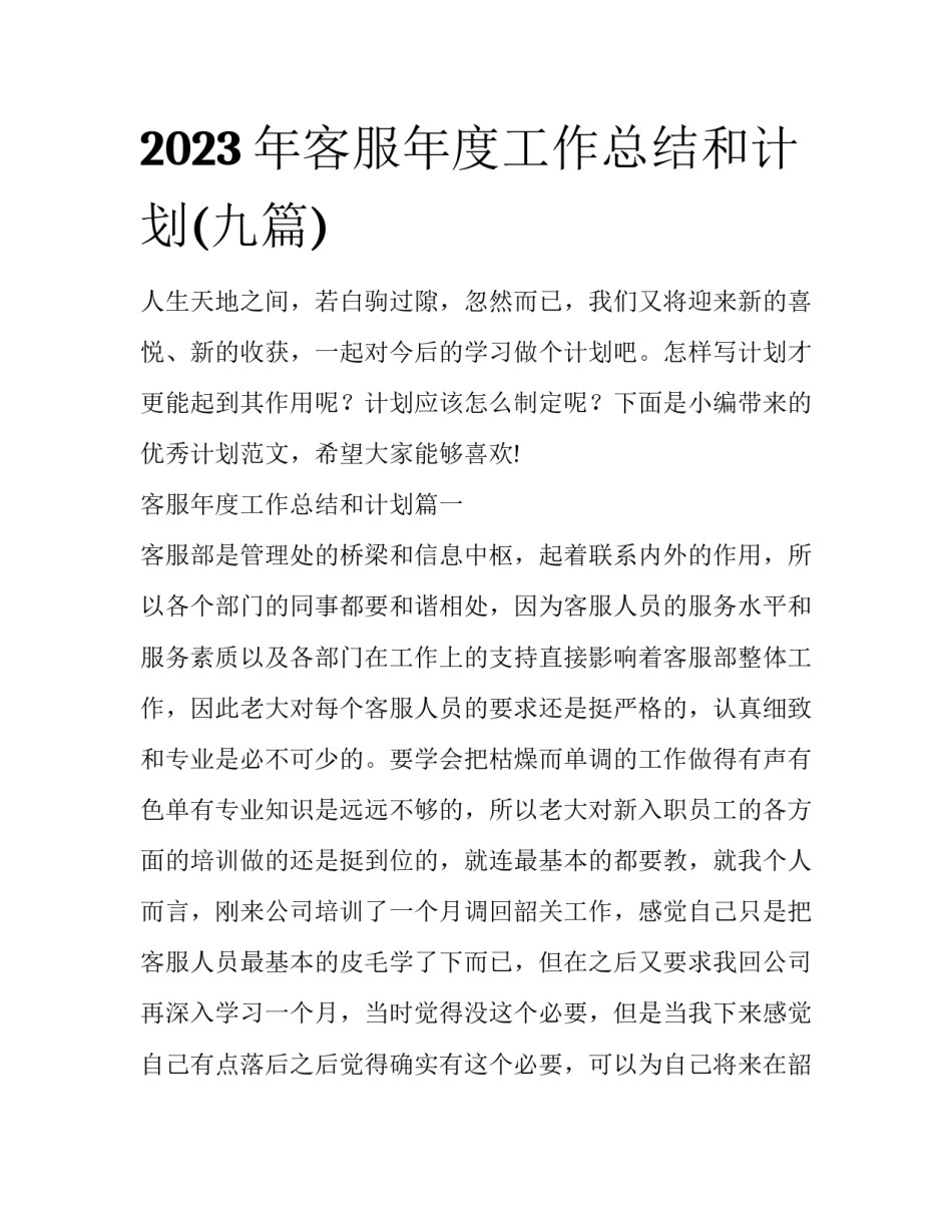 2023年客服年度工作总结和计划(九篇)_第1页
