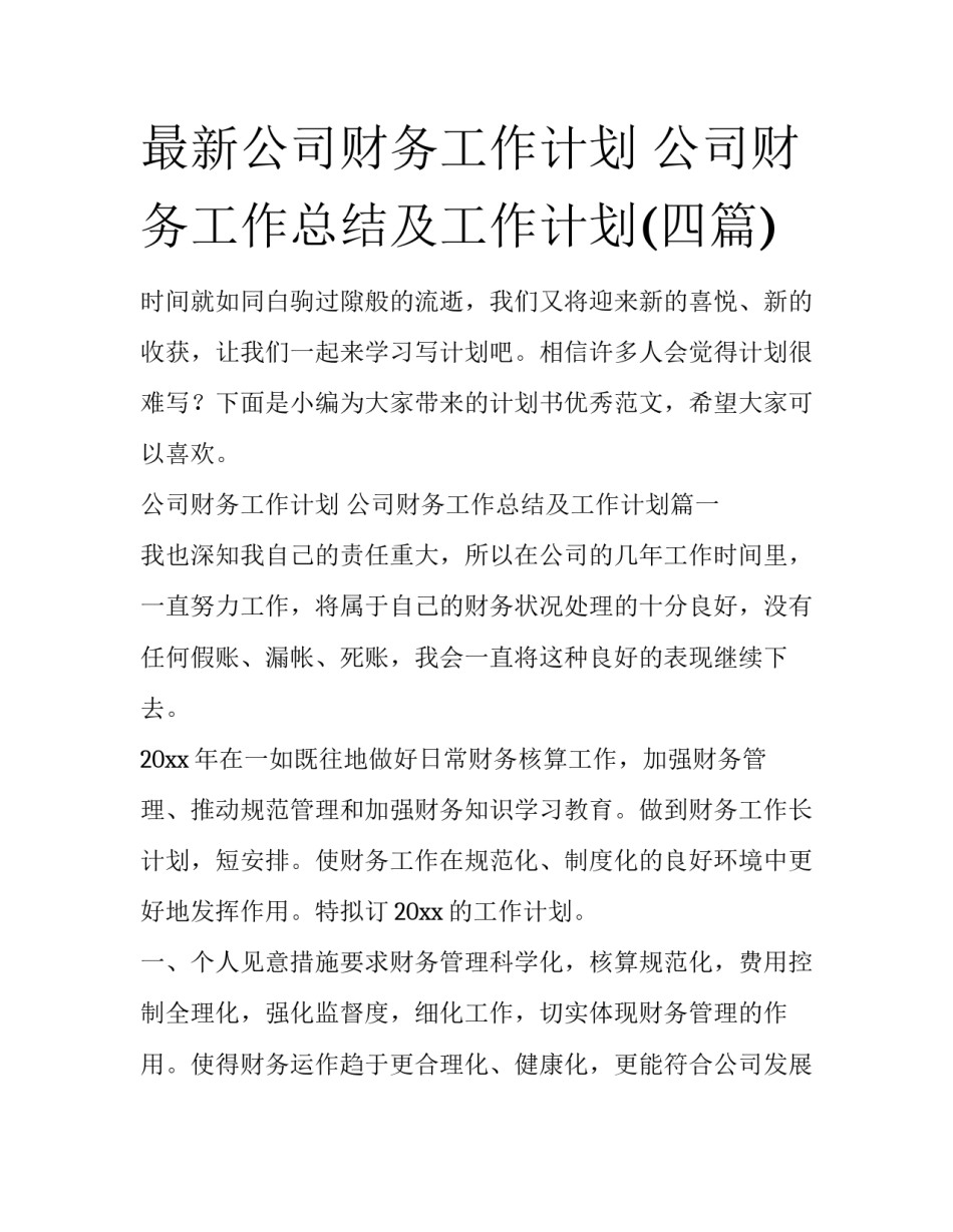 最新公司财务工作计划 公司财务工作总结及工作计划(四篇)_第1页