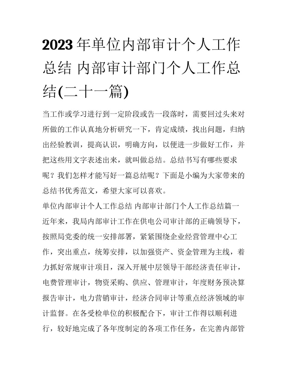2023年单位内部审计个人工作总结 内部审计部门个人工作总结(二十一篇)_第1页