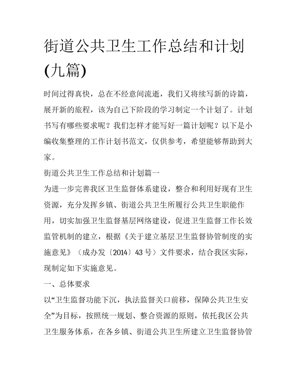 街道公共卫生工作总结和计划(九篇)_第1页