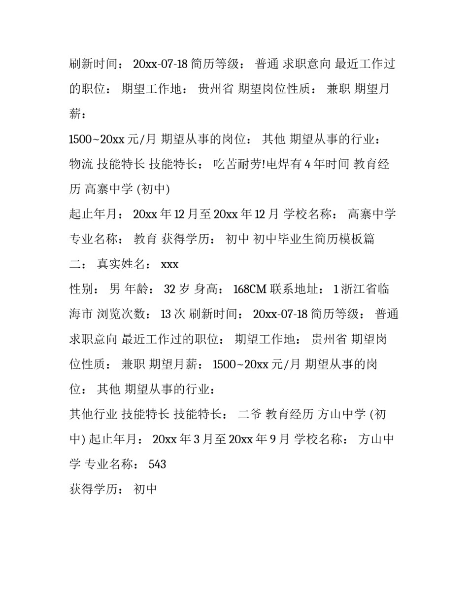初中毕业生简历模板_第2页