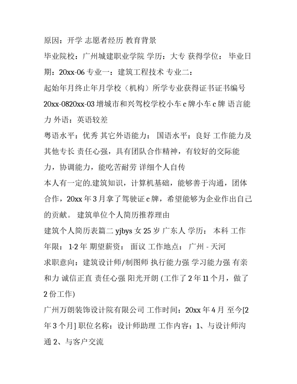 2023年建筑单位个人简历推荐理由 建筑个人简历表(二十九篇)_第2页