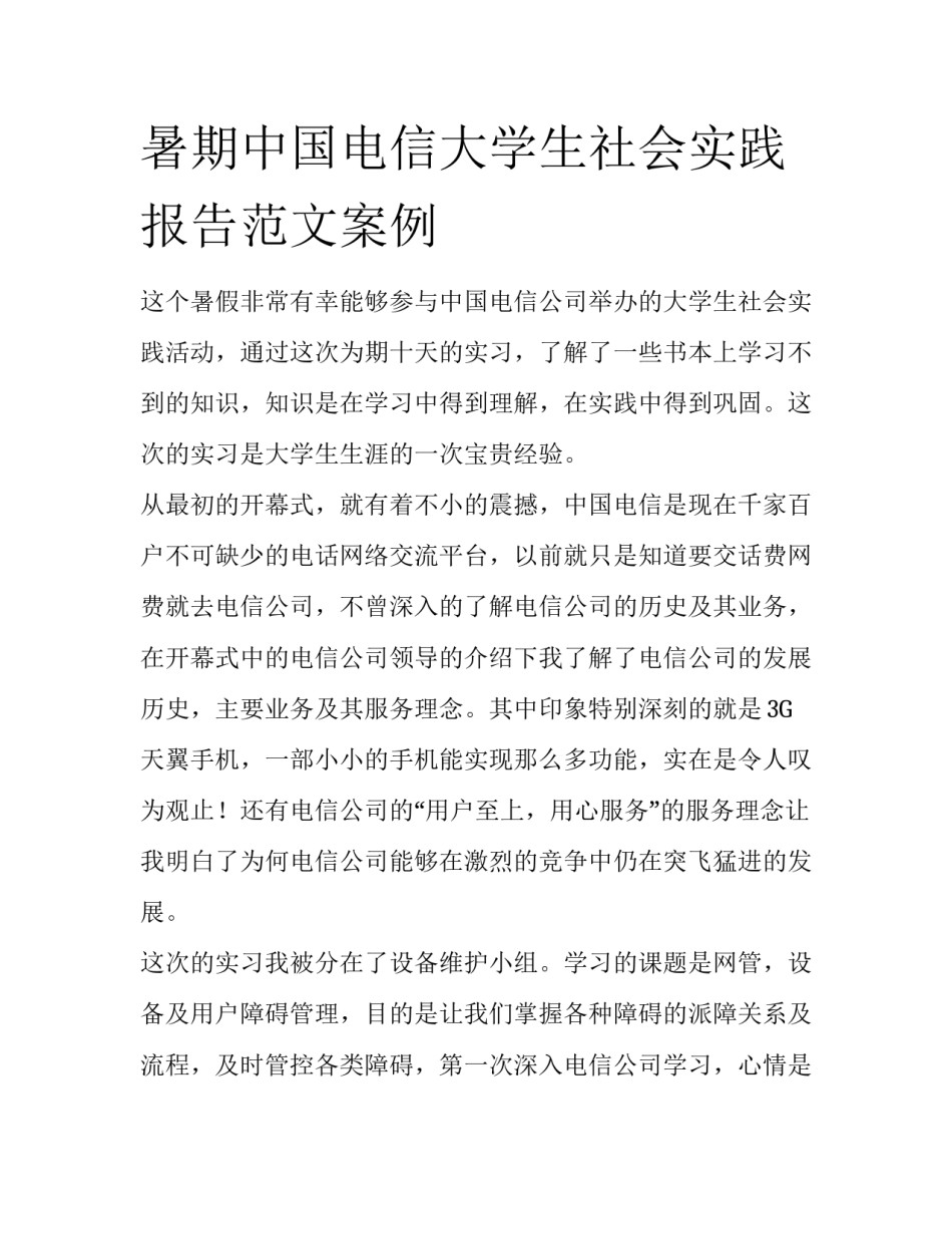 暑期中国电信大学生社会实践报告范文案例_第1页