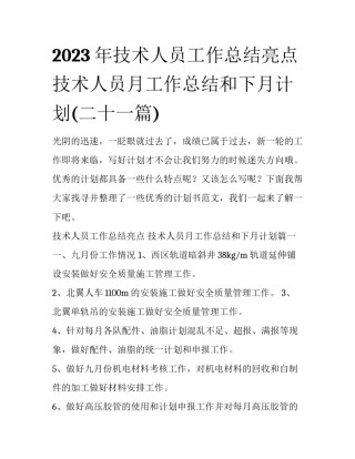 2023年技术人员工作总结亮点 技术人员月工作总结和下月计划(二十一篇)