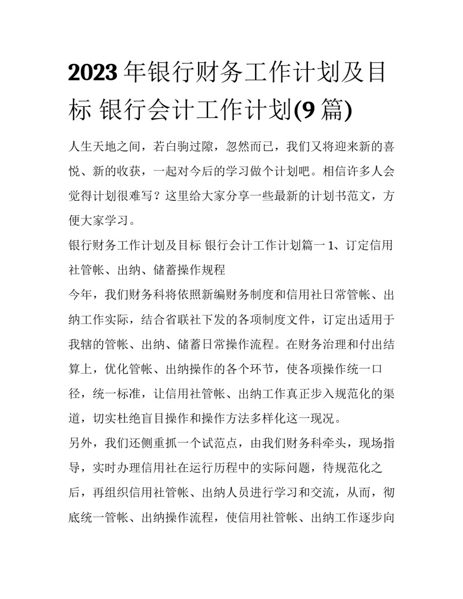 2023年银行财务工作计划及目标 银行会计工作计划(9篇)_第1页