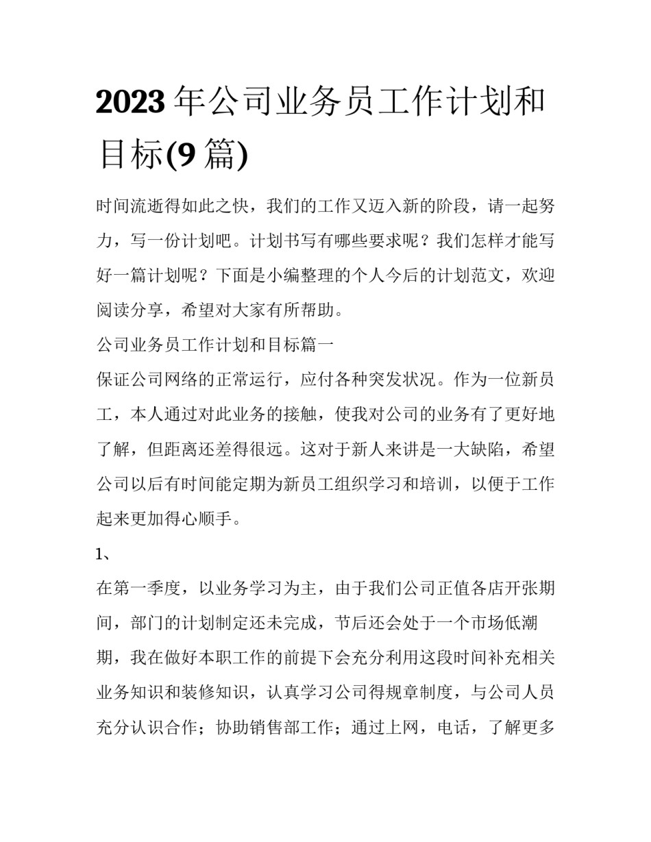 2023年公司业务员工作计划和目标(9篇)_第1页