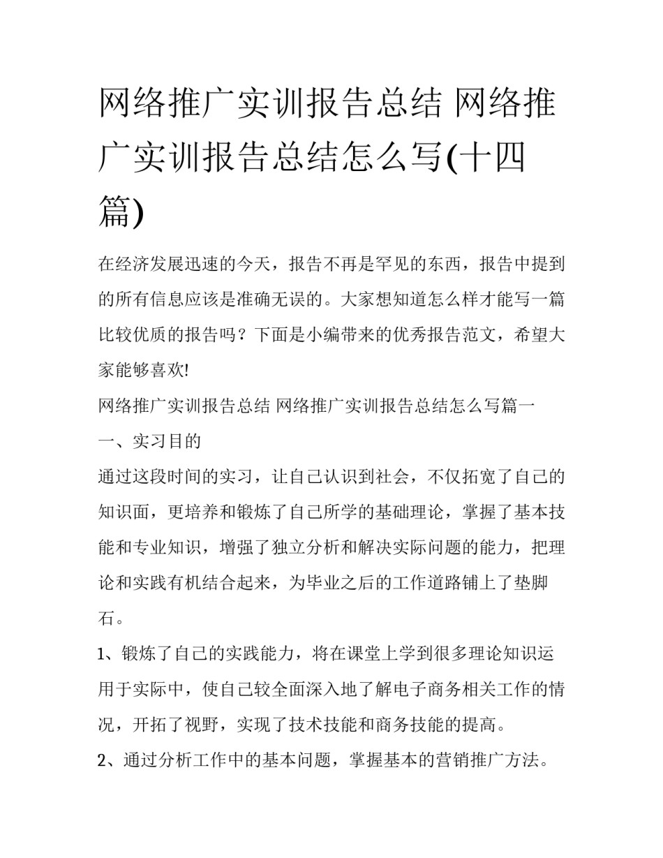 网络推广实训报告总结 网络推广实训报告总结怎么写(十四篇)_第1页