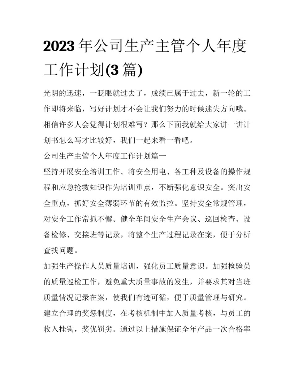 2023年公司生产主管个人年度工作计划(3篇)_第1页