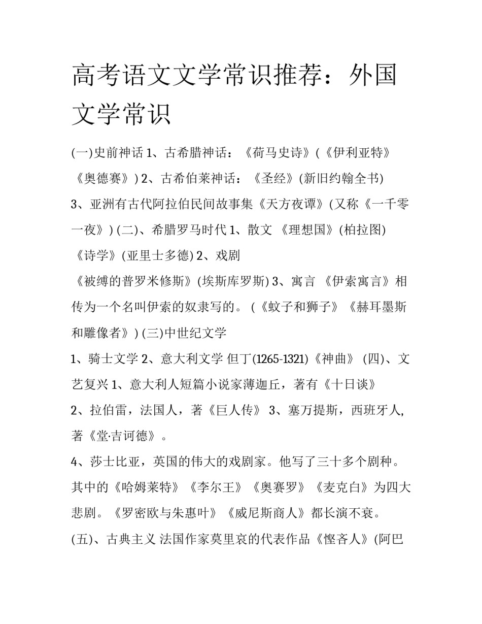 高考语文文学常识推荐：外国文学常识_第1页